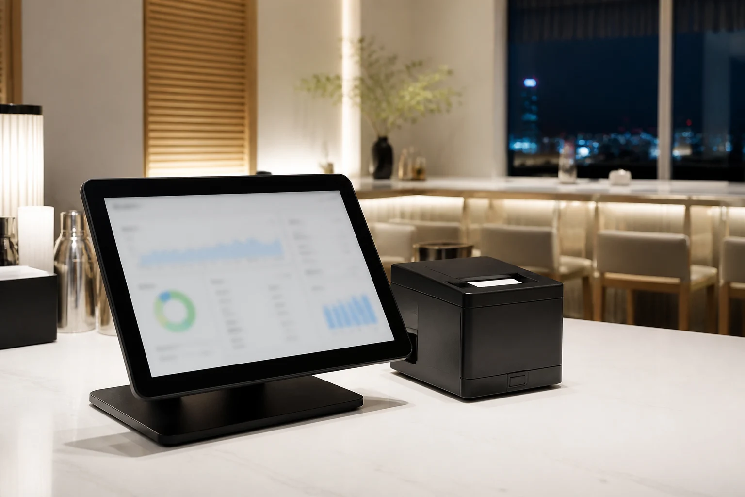 白いカウンターに置かれた業務用タブレットとレシートプリンター