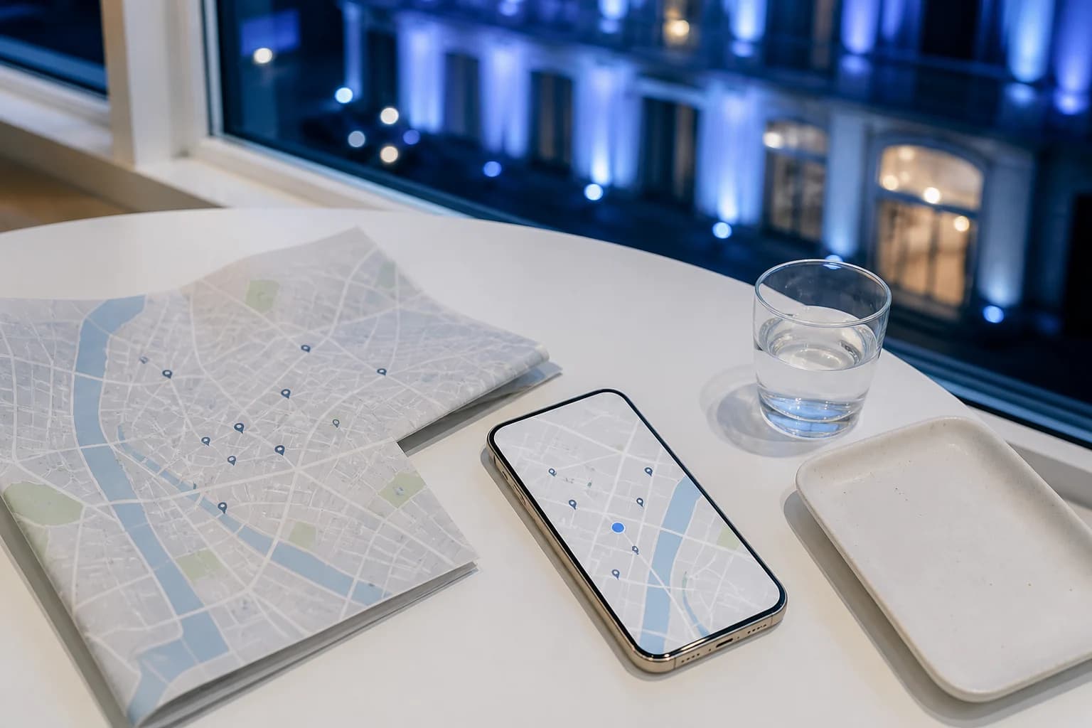 夜景を望む白いテーブルのスマートフォンと地図