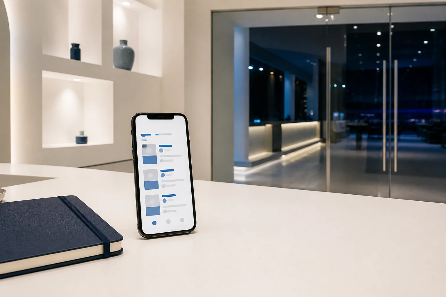 夜の店舗入口を背景にしたスマートフォンと紺色のノート