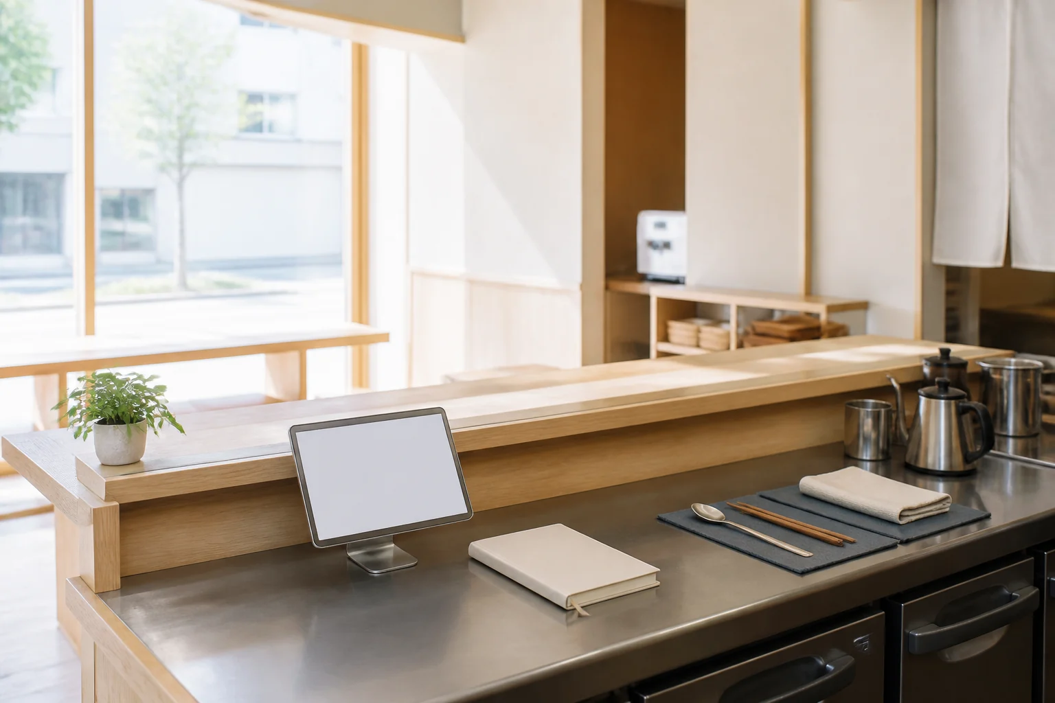 自然光が入る店舗カウンターと業務用タブレットのイメージ